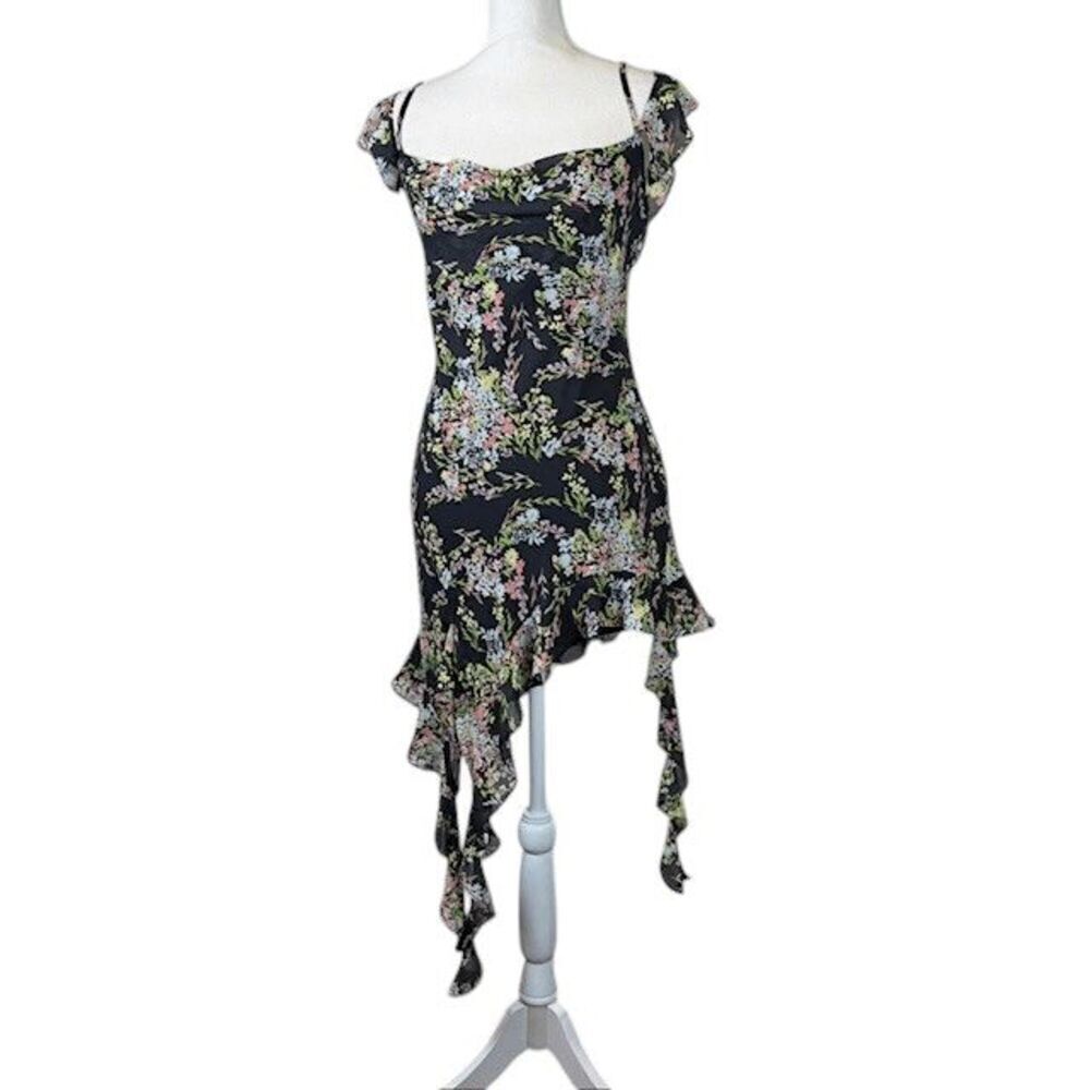 NWT Forever 21 Ruffle Fringe Mini Dress Charcoal Gray Floral Strappy Size‎ Small